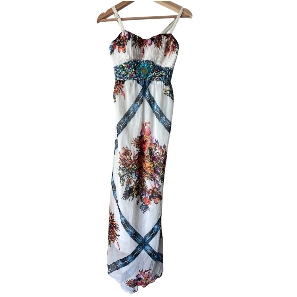 Maxi boho festival  slit floral romantic multicolored sleeveless women size L.